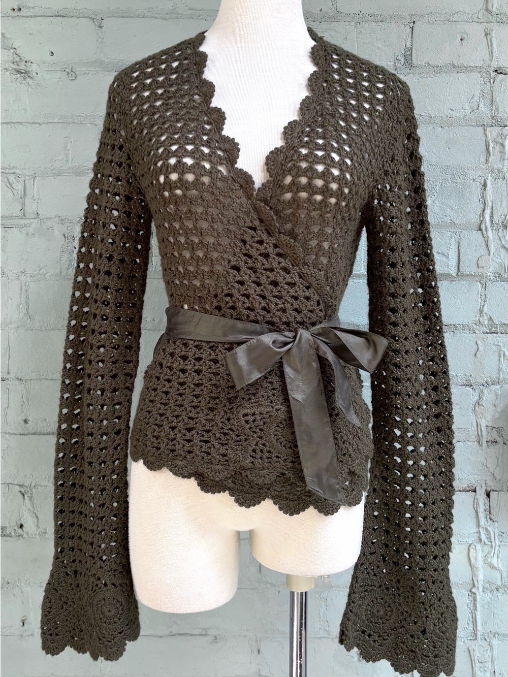Vintage Green Crochet Wrap Cardigan with Satin Tie